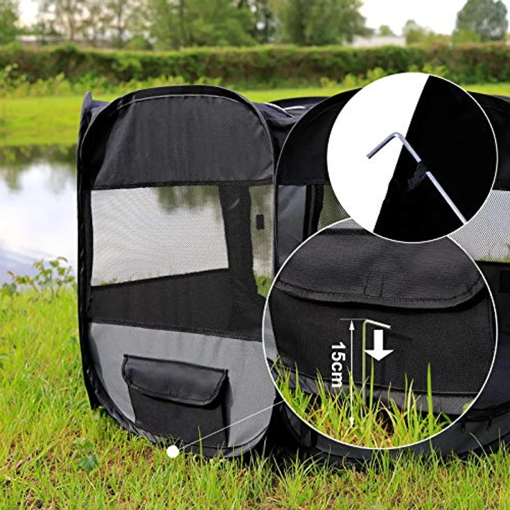 lionto Welpenauslauf faltbar aus Oxfordgewebe & atmungsaktivem Netzstoff, Ø 110 cm, Höhe 64 cm, mit 2 Eingängen und Pop-up-System, schwarz/grau, inkl. Tragetasche & Heringe – Bild 4