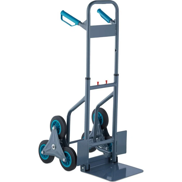 Relaxdays Treppensackkarre 200 kg, Transportkarre für Treppen mit 6-Rad-Konstruktion, höhenverstellbare Griffe, grau und blau – Bild 1