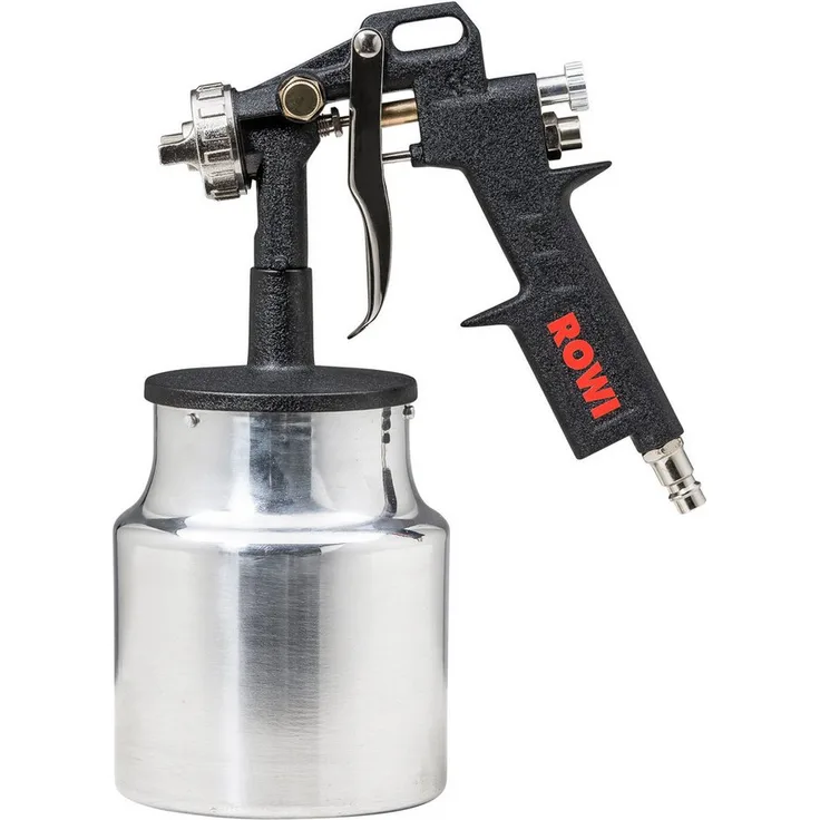 ROWI DFP 1000/1, Drucksprühgerät Farbspritzpistole mit 1000 ml Metall-Saugbecher, stufenlose Luft- und Farbmengenregulierung