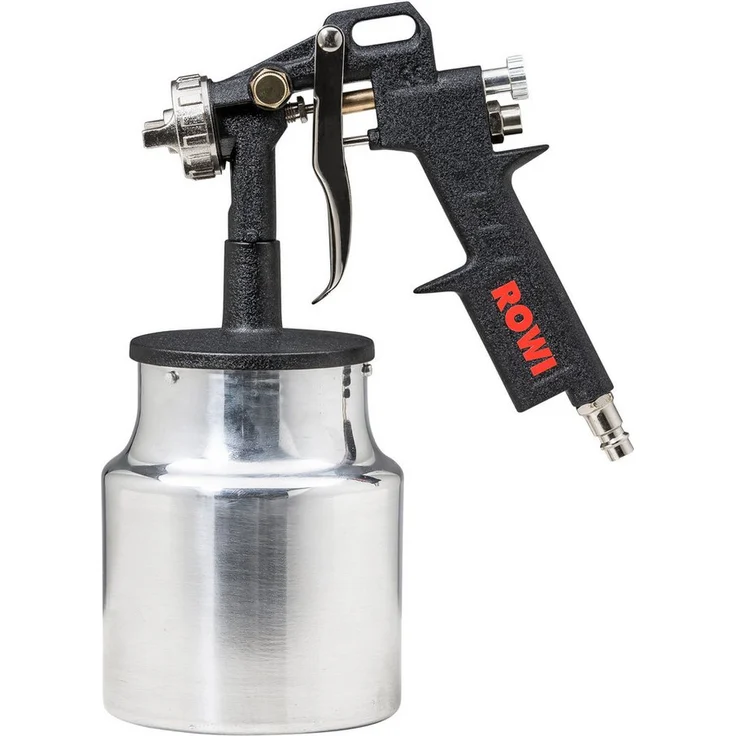 ROWI DFP 1000/1, Drucksprühgerät Farbspritzpistole mit 1000 ml Metall-Saugbecher, stufenlose Luft- und Farbmengenregulierung