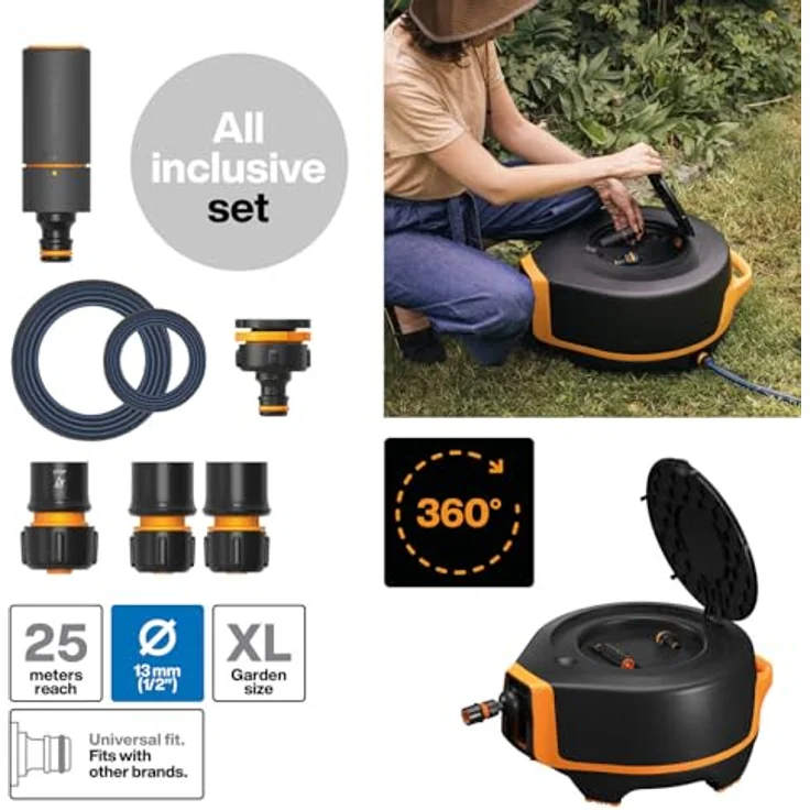 Fiskars X-series Automatische Schlauchtrommel XL, 25 m Schlauchlänge, 360°-Drehung, leicht manövrierbar, inkl. Zubehör – Bild 3
