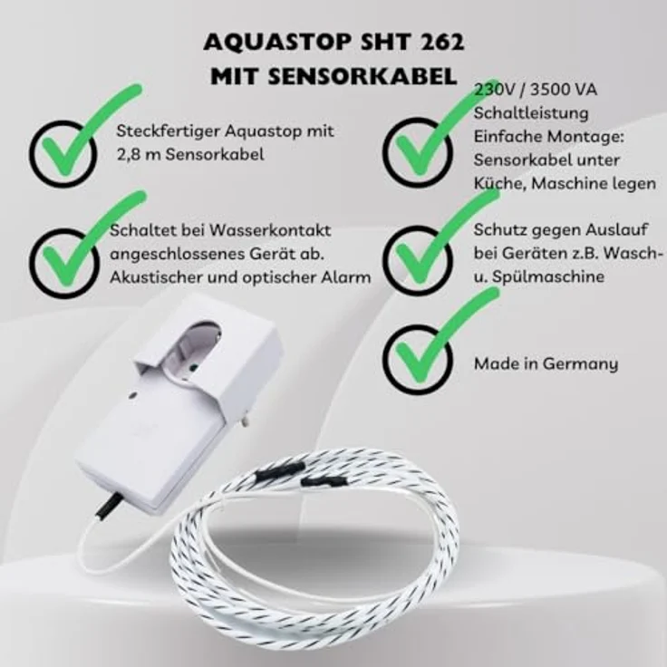 Schabus Aquastopp SHT 262, Wassermelder mit 2 m Sensorkabel, flächendeckende Leckage-Erkennung, akustischer & optischer Alarm, 230 V, automatische Abschaltung – Bild 2