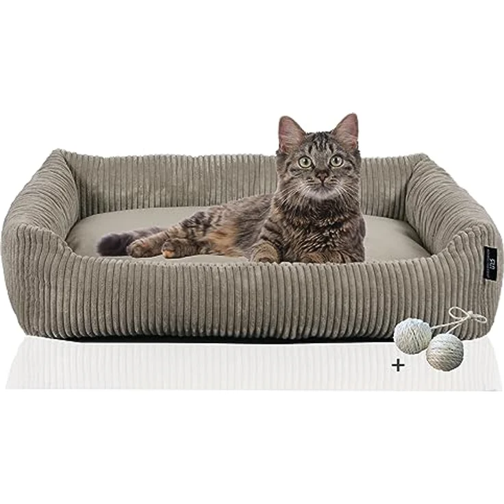 Rohrschneider Katzenbett Cordstoff mit Spielkugelset (Taupe, breiter Cordstoff) – Bild 1