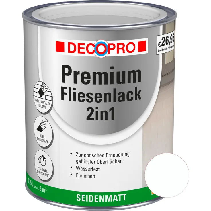 DECOPRO Fliesenlack 2in1 Weiß Seidenmatt 750 ml – Grund- & Decklack, hohe Deckkraft für Bad & Küche innen