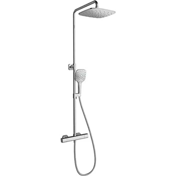 RAVAK DUAL-DUSCHSYSTEME DUSCHSÄULE mit Thermostat-Duscharmatur, 25 cm Duschkopf, Handbrause mit 3 Funktionen, verstellbar 85.5 - 135.5 cm, Chrom