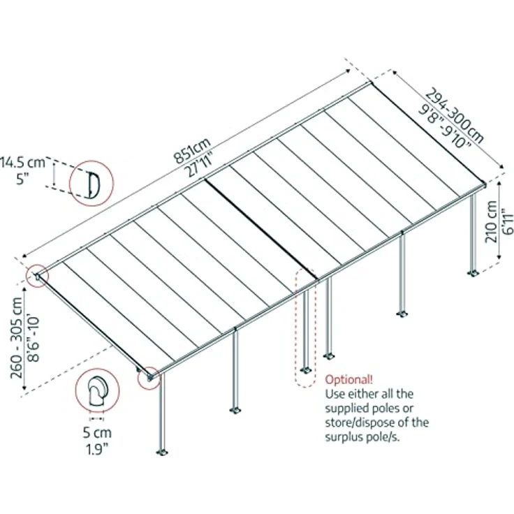 Palram Canopia Terrassenüberdachung Alu Feria 3X8.51 Polycarbonat Hohlkammerplatten Pergola 851 x 300 cm Grau – Bild 2