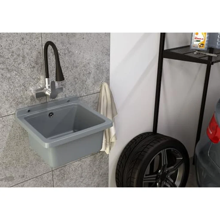 Granitan Kunststoffspüle ORTA - Waschtong mit Siphon - Waschbecken Wandmontage - 40x38x22,8 cm, in mehreren Farben erhältlich – Bild 2