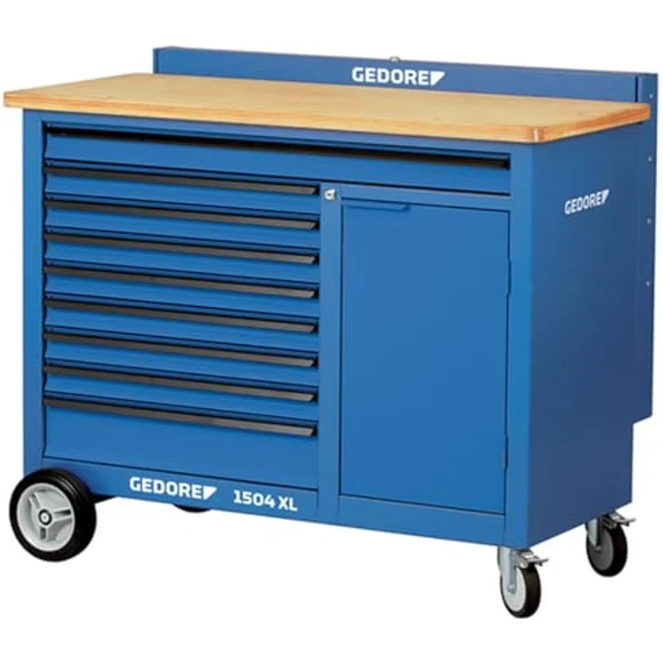 Gedore Rollwerkbank 1,25 m breit, Multiplex Buchen-Schichtholzplatte, 1 XL-Schublade und 8 breite Schubladen, Gesamttragkraft 1000 kg – Bild 3