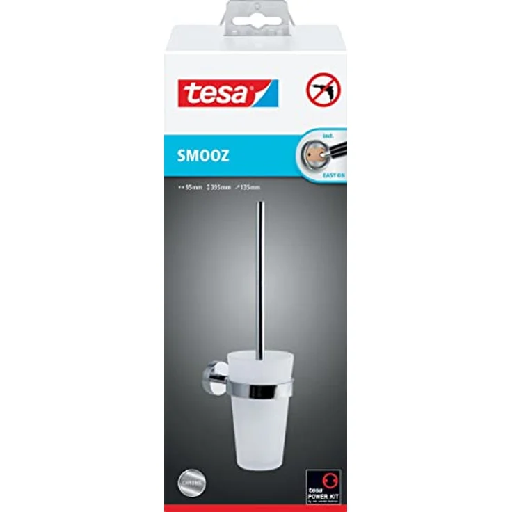 tesa SMOOZ WC-Garnitur, satiniertes Glas und verchromter Edelstahl - Toilettenbürsten-Set zur Wandbefestigung ohne Bohren, inkl. Klebelösung - 137 mm x 97 mm x 410 mm – Bild 2