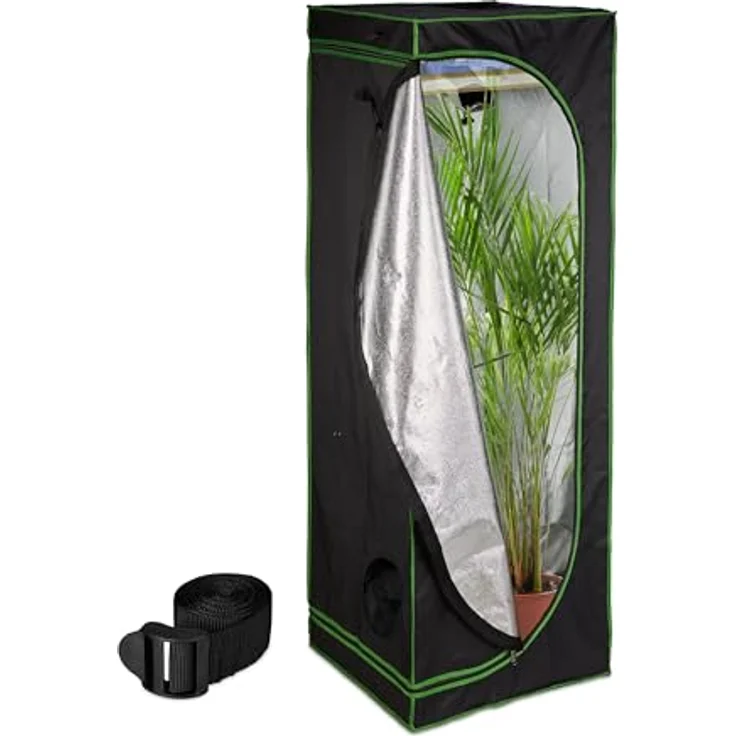 Relaxdays Gewächshaus Growbox, dunkler Growschrank mit 95% Lichtreflexion, 4 Zugängen und Sichtfenster – Bild 1
