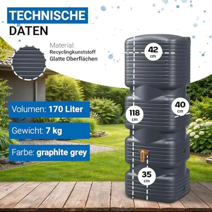 4rain Wandtank Quadro 170 L, Regentonne in graphite grey mit Deckel und Auslaufhahn – Bild 3