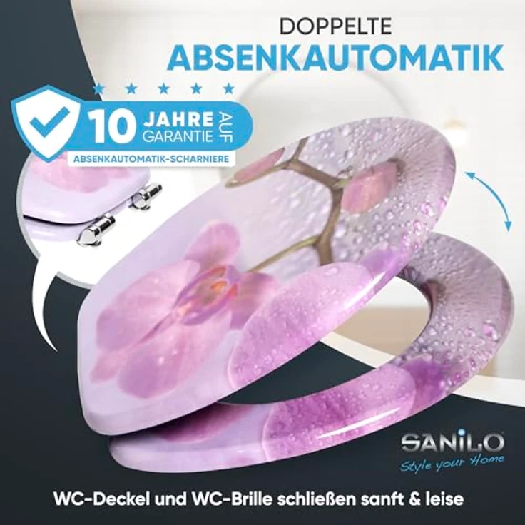Sanilo WC Sitz Blooming, Hochwertiger Toilettendeckel aus Holz mit Absenkautomatik, Antibakterieller Oberfläche, Pflegeleicht, Universell passend für Hänge- und Steh WC-Becken – Bild 3