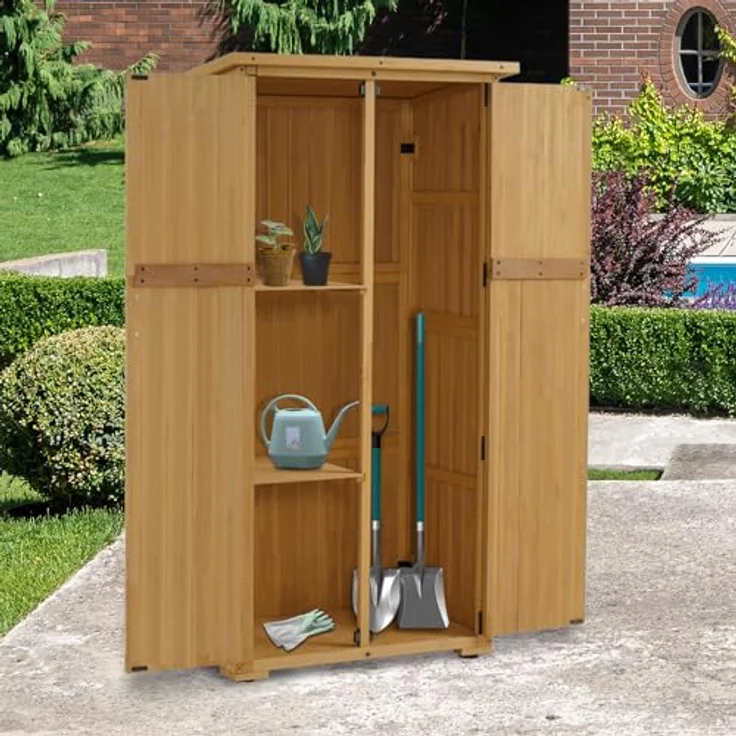 M MCombo Gartenschrank Holz, Gartenhaus Klein Wetterfest, Outdoor Gerätehaus Geräteschuppen, für Außenbereich Balkon Terrasse, 55×90×169cm, 0878D (Natur) – Bild 2