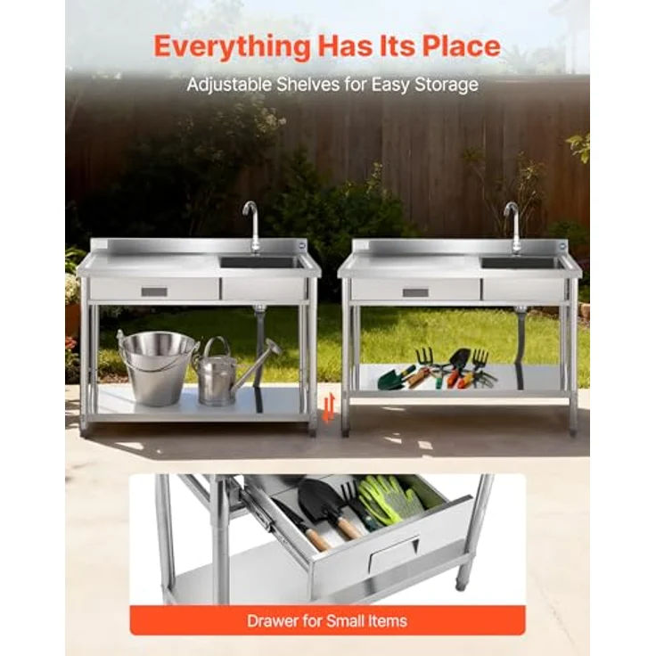 VEVOR Spültisch Spülbecken Edelstahl (120 x 50 x 94 cm), 4 in 1 Multifunktionsdesign mit 360° Wasserhahn & Schublade, ideal für Garage, Restaurant und Außennutzung – Bild 3