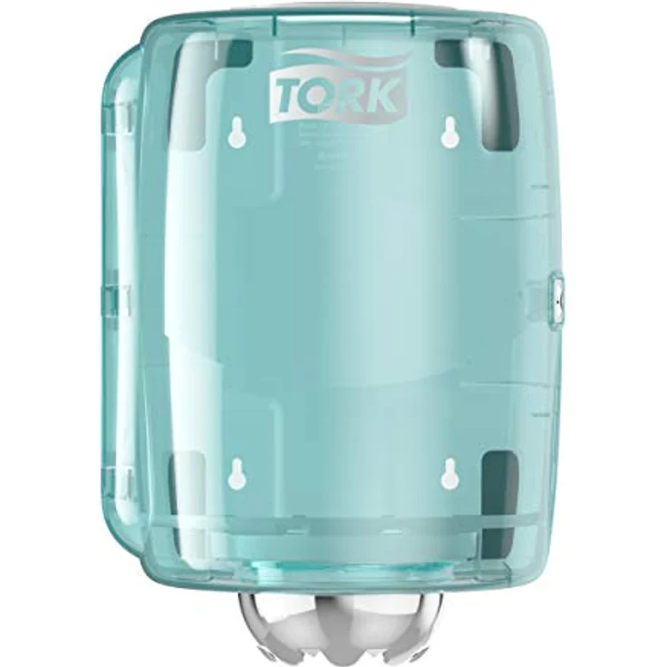 Tork 659000 Innenabrollungsspender für M2 Papierwischtücher, hygienische Einzeltuchentnahme, weiß-türkis, modernes Design, einfaches Nachfüllen, Sichtfenster – Bild 1
