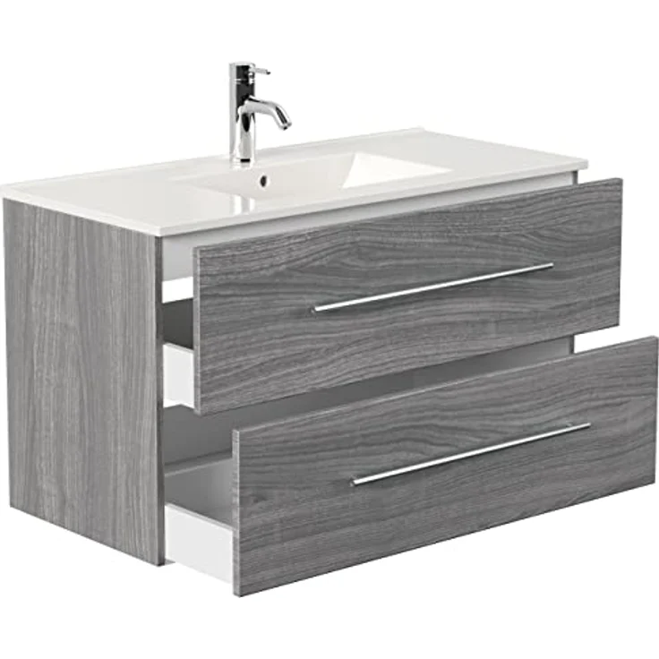 emotion | Waschbecken mit Unterschrank in Silber-Eiche | Made in Germany | B101 x H56 x T47 cm | Waschtischunterschrank mit zwei Schubladen | Keramik-Badmöbel für designvolle Badezimmer – Bild 4