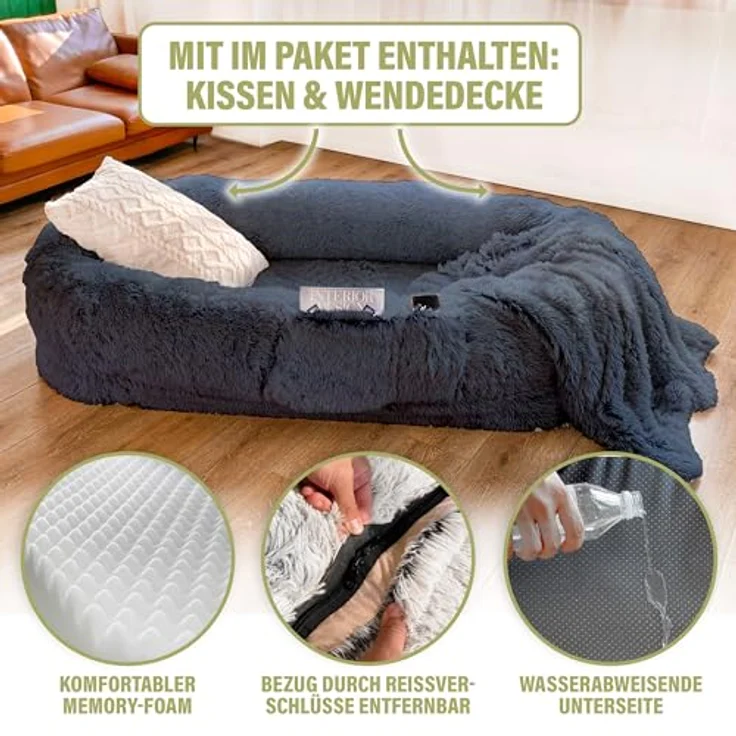 LITTLE LORD | Hundebett, Hundekorb XXL-Bett Ceddie für sehr große Hunde, dunkelgrau 190 x 105 x 30cm, Schlaf-Set für Mensch & Tier - inkl. Decke & Kissen – Bild 3