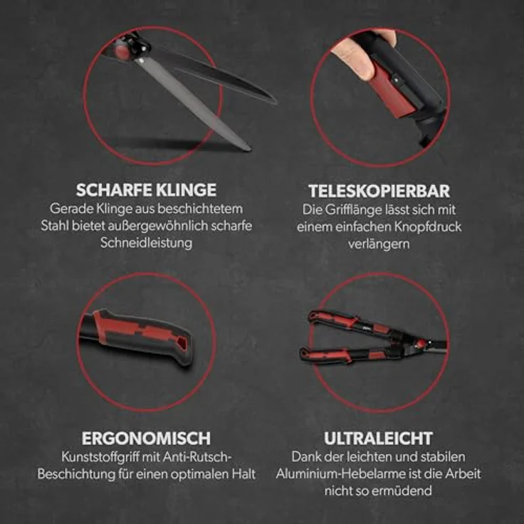 siwitec Teleskop-Heckenschere, Gartenschneider mit Aluminiumgriffen, 67,5 - 80 cm, schwarz-rot, leicht, SK-5 Kohlenstoffstahlklinge – Bild 5
