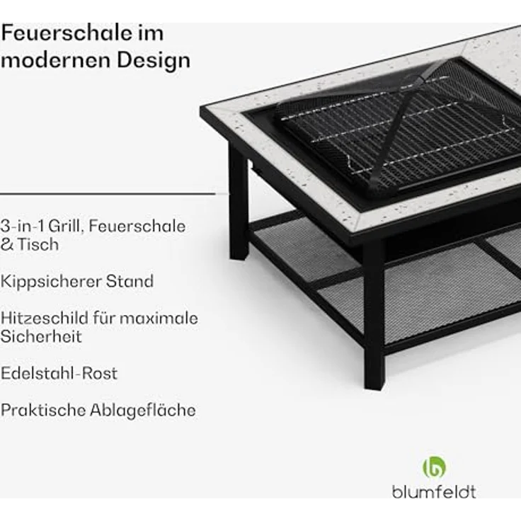 Blumfeldt Merano Avanzato L Feuerschale, 3-in-1 mit Grillrost & Tisch, robuster Stahlrahmen, elegante Terrazzo-Tischplatte, inkl. Funkenschutz, Schürhaken & Deckel, für Garten & Terrasse – Bild 2