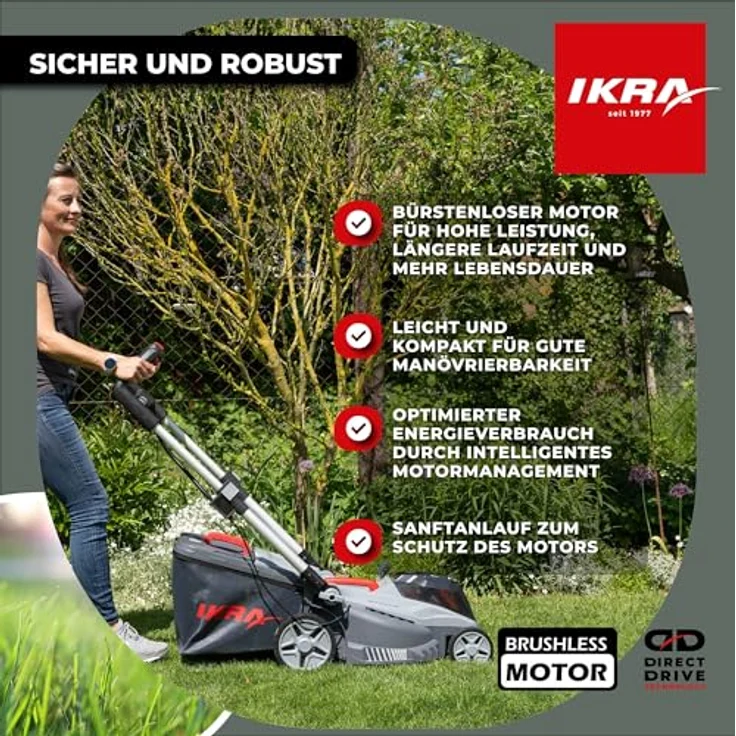 IKRA Rasenmäher IB-LM 38, 3in1, 38cm Schnittbreite, ohne 36V Akku & Ladegerät, textiler Fangkorb 42L, bürstenloser Motor – Bild 3
