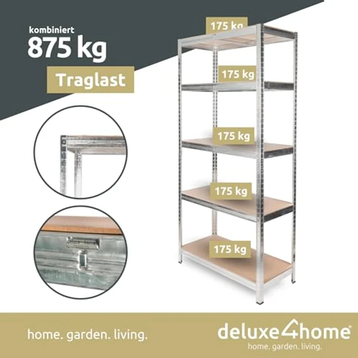 deluxe4home Schwerlastregal 40x90x180 cm, Schwarzes Regal aus verzinktem Stahl, 875 kg Tragfähigkeit, Einfaches Stecksystem – Bild 3