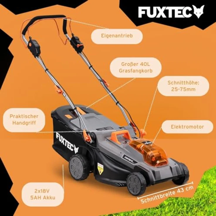 FUXTEC FX-E2RM43PRO Akku-Rasenmäher 40V (2x20V) mit 2x5Ah Akku & Ladegerät, Radantrieb, 43 cm Schnittbreite, 3-in-1 Mulchfunktion – Bild 3