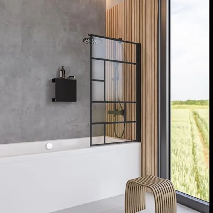 Schulte Duschwand für Badewanne 70 x 130 cm, 5 mm Sicherheitsglas ESG Dekor Atelier 1, Schwarz-matt, beidseitig schwenkbar