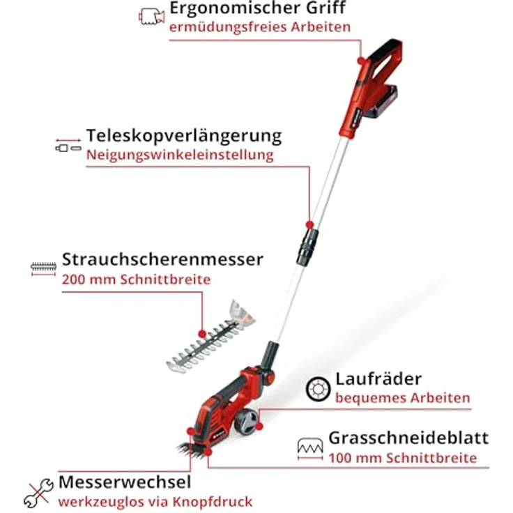 Einhell GE-CG 18/100 Li T, Akku Gras- und Strauchschere 18 V Li-Ion mit 2,5 Ah Akku und Teleskopverlängerung – Bild 4