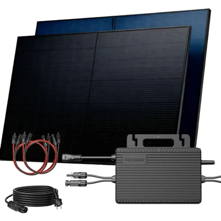 SUNNIVA® 1000W Balkonkraftwerk, Bifaziales Full Black Komplettset mit VAYSUNIC VM800WE-BE-P2 Wechselrichter, 2x500W Glas-Glas Solarmodulen und 5m Kabelset