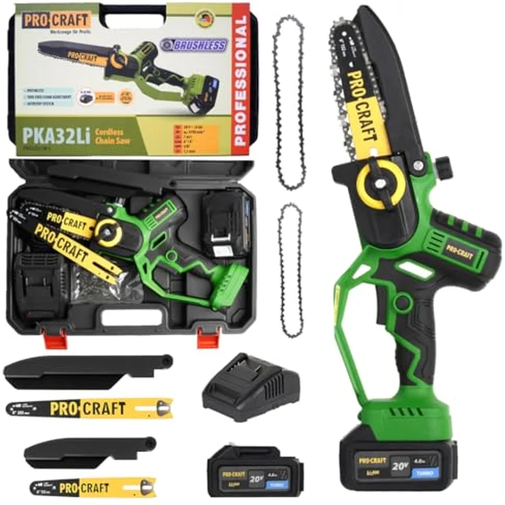 Procraft PKA32Li, Akku Kettensäge 20 V, 203 mm Brushless mit 1x 4,0 Ah Akku, Ladegerät und Koffer – Bild 1