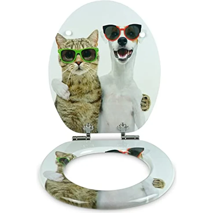 Sanfino WC Sitz Cat & Dog, Toilettendeckel mit Absenkautomatik aus Holz, weiß mit buntem Motiv, verchromte Metallscharniere – Bild 4