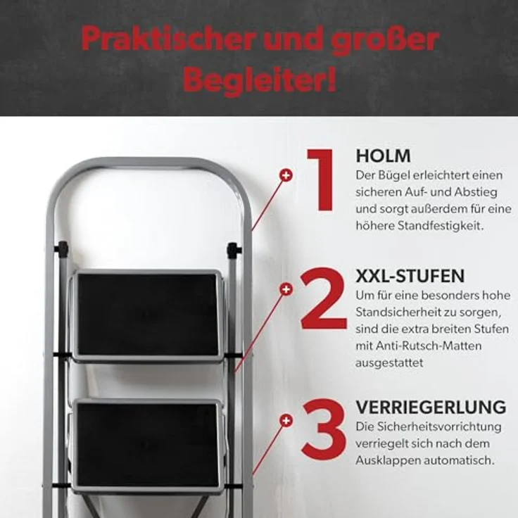 siwitec Klapptritt aus Stahl mit 3 Stufen, anthrazit, kleine Leiter mit Anti-Rutschmatten, 150 kg Traglast, TÜV/GS Zertifiziert,Klappleiter, Tritthocker – Bild 3