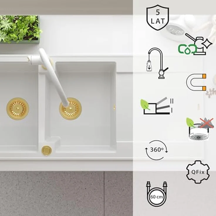 Quadron GEMMA Q LINE SteelQ, Küchenarmatur Mischbatterie 360°, Edelstahl mit QFix-Funktion, Höhe 50 cm, Keramikkopf, Weiß Finish – Bild 2