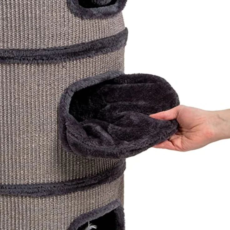 CanadianCat Company | Kratztonne Tony Höhe 90 cm, Spieltonne für Katzen ø 45 cm, Katzenkratzbaum mit 3 Höhlen, Katzenbaum, Kratzturm aus Sisal, Katzenmöbel, Plüsch, dunkelgrau – Bild 5
