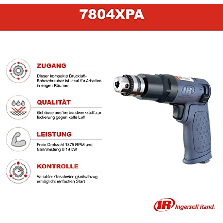 Ingersoll-Rand Druckluftbohrmaschine 7804XPA, Hochleistungs-Druckluftbohrmaschine mit schlüssellosem 3/8" (10 mm) Spannfutter – Bild 2
