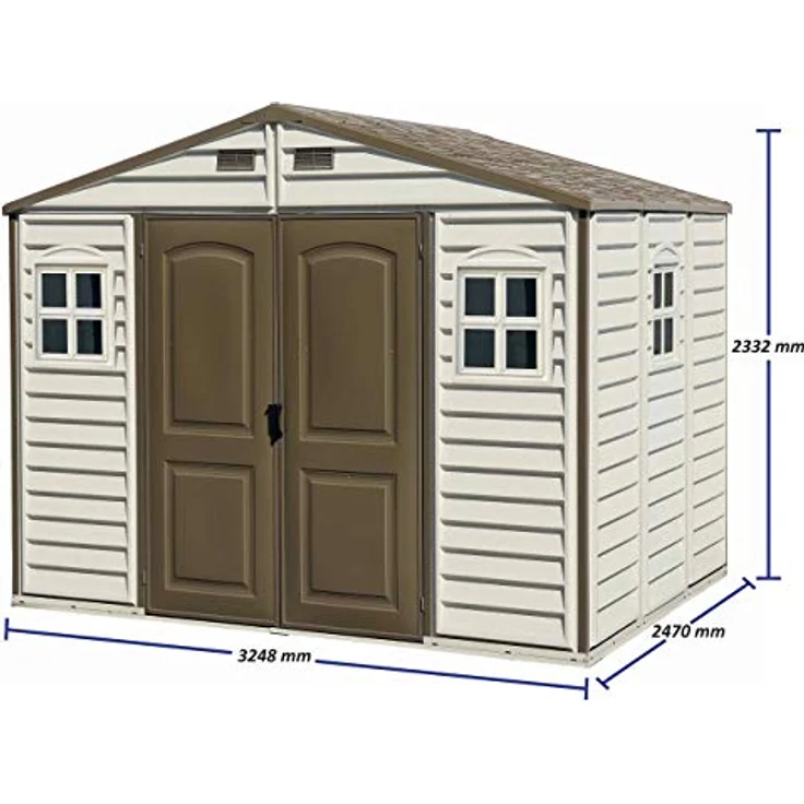 Duramax WoodSide 10 x 8 (7.64 m²) Kunststoff gerätehaus mit 3 festen Fenstern und Metallfundamentset, Gerätehaus, wartungsfreie und robuste und Dachstruktur aus Metall, Ivory/Brown – Bild 2