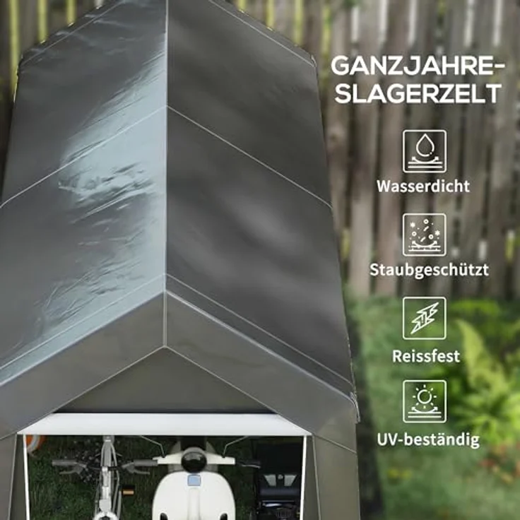 Outsunny Garagenzelt, 2,1 x 3,6 x 2,35 m Lagerzelt mit UV-Schutz, Gerätehaus mit Reißverschlusstür, Wasserabweisend Unterstand, Dunkelgrau – Bild 3