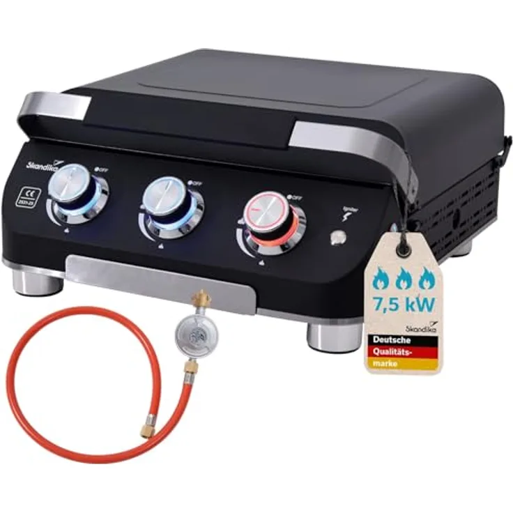 Skandika Plancha Grill Palo 3-Brenner Plus, Gasplancha Grillplatte mit Deckel, 3 separat steuerbare Brenner, transportabler Tischgrill für Outdoor, Camping und Balkon