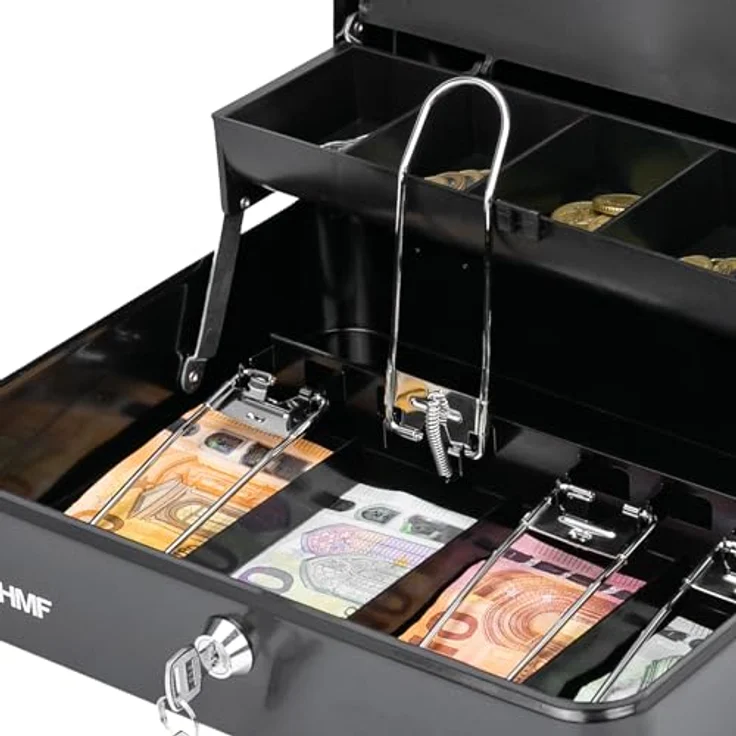 HMF 15230-02 Geldkassette abschließbar mit Münzeinsatz, 4 Scheinfächern und Tragegriff, Schwarz, 30 x 24 x 9 cm – Bild 3