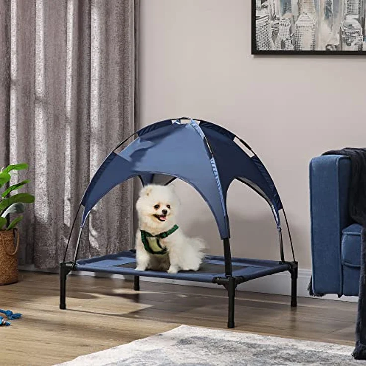PawHut Haustierbett mit Baldachin, Erhöhtes Hundebett, Hundeliege Outdoor mit Dach, Atmungsaktiv, Taftstoff Duneklblau 76 x 61 x 73 cm – Bild 2