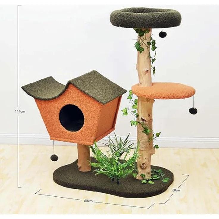 Fudajo Kratzbaum mit Pflanzendeko 114 cm, Katzenkratzbaum mit Teddyfell und Birnbaumholz, Katzenhaus mit Spielbällen, Katzenmöbel mit Plattformen, Braun – Bild 5