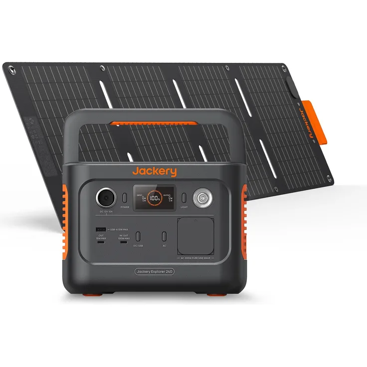 Jackery Explorer 240 v2, tragbare Powerstation mit 256Wh LiFePO4-Batterie, 40W Solarpanel, 300W AC & 100W USB-C-Ausgang für Outdoor und Notfälle
