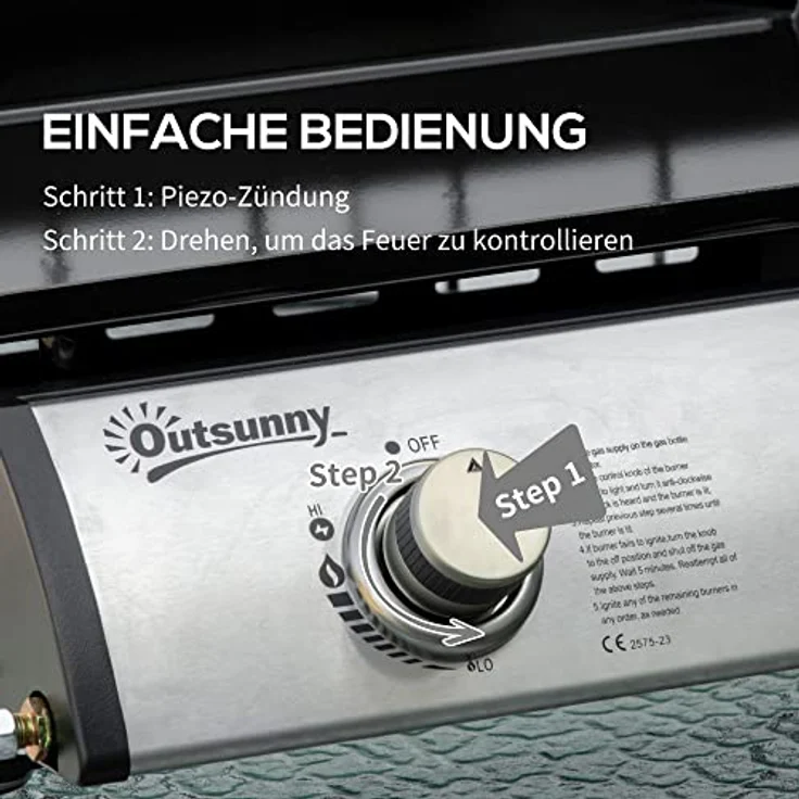 Outsunny Tischgrill Gasgrill BBQ mit 2 Brennern, Tischgasgrill mit Schlauch, Antihaft-Grillplatte, Campinggrill für Picknick, Garten, Edelstahl+Metall, Silber, 48,5 x 46 x 21 cm – Bild 5