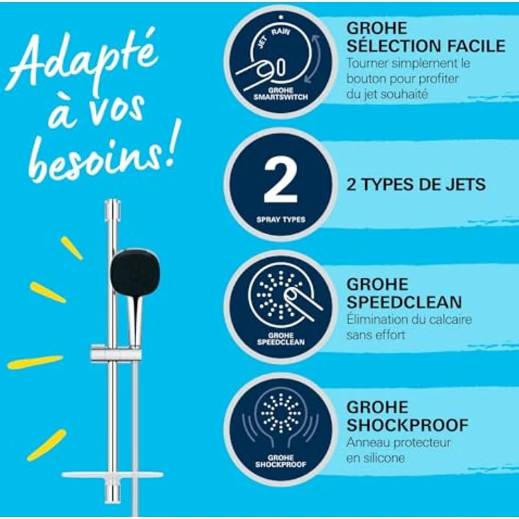 Grohe Vitalio Comfort 110 QuickFix Brausestangenset, Duschsystem mit 600mm Länge, inkl. Duschablage, geeignet zum Kleben oder Bohren – Bild 4