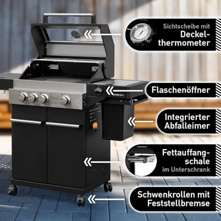 Feuergott Gas-Grillstation Hektor 3B-S mit 3 Hochleistungsbrennern und integriertem Seitenbrenner, inkl. Abdeckhaube – Bild 2