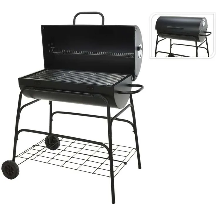 ProGarden Holzkohlegrill mit Rädern Zylinder, Schwarz, 79 cm Arbeitshöhe, verchromter Grillrost