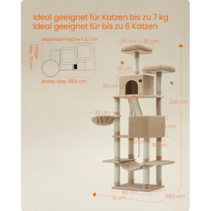 Feandrea Kratzbaum groß, 206 cm hoch, XXL Katzenbaum, mit 13 Kratzsäulen, 2 Plattformen, 2 Höhlen, Korb, Hängematte, Plüschbälle, mehrstöckiger Katzenkratzbaum, Kamelbraun – Bild 5