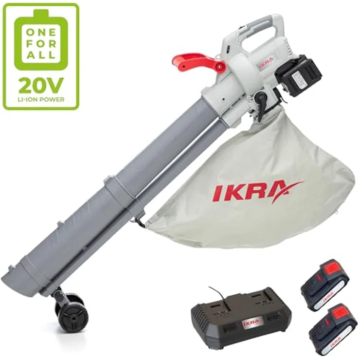 Ikra 3-in-1 Laubsauger + Laubbläser, Akku-Gerät mit 210 km/h Blasgeschwindigkeit, grau-rot, inkl. 45-Liter-Auffangbeutel und Schnellader – Bild 25