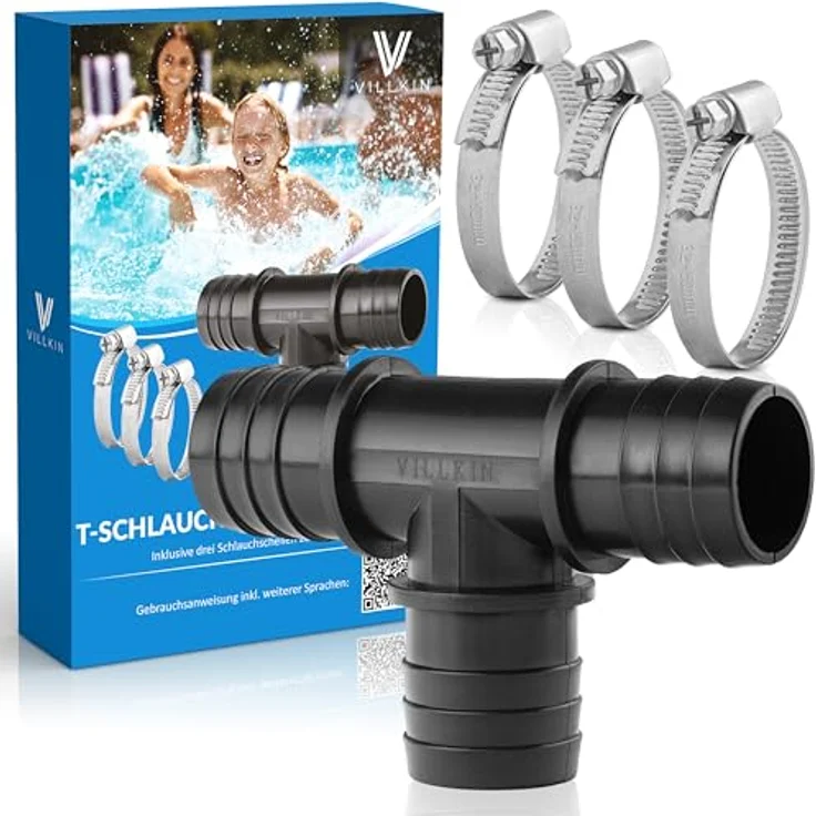 Villkin T-Schlauchverbinder Set 32mm, T-Stück Adapter mit 3 Edelstahl-Schlauchschellen für Pool, Teich & Pumpen – Bild 1