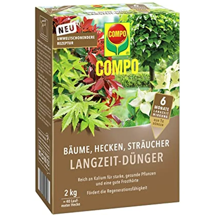 COMPO Bäume, Hecken, Sträucher Langzeit-Dünger, 6 Monate Langzeitwirkung, umweltschonendere Rezeptur, 2 kg für 40 Laufmeter Hecke